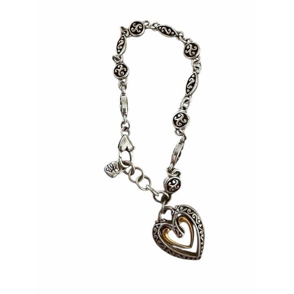 Brighton Silver 2 Tone Scroll Link Heart Bracelet  Heart Charm 7–8” - Picture 3 of 4